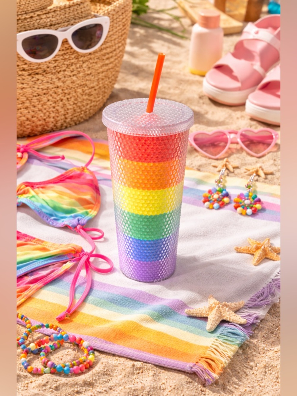🌈✨ Rainbow Stripe Honeycomb Tumbler with Lid & Straw | OS